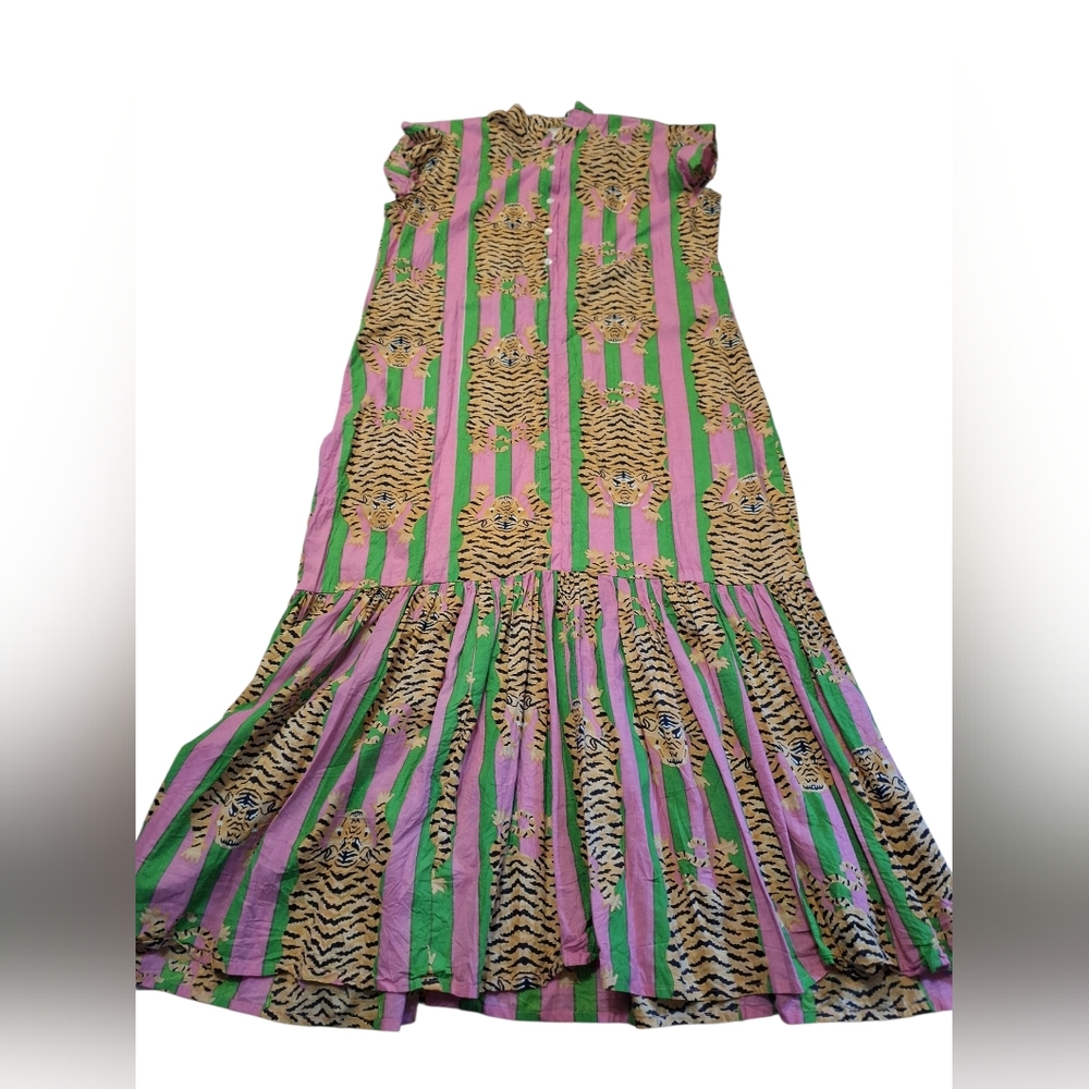 Darlington Isle Lola Tiger BlockPrint Stripe Dress Size Med Pink Green No Belt